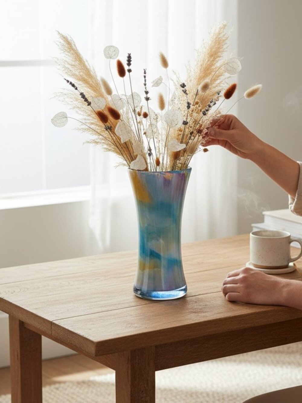 Acrylic Pour Home Décor Cylinder Vase in Teal Blue and Metallic Gold, SZ 8 Inch